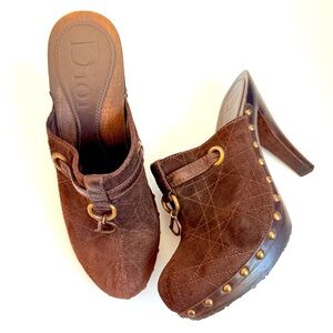 Christian Dior Brown Suede leather wooden Cannage Clog logo charm heels EU 38.5